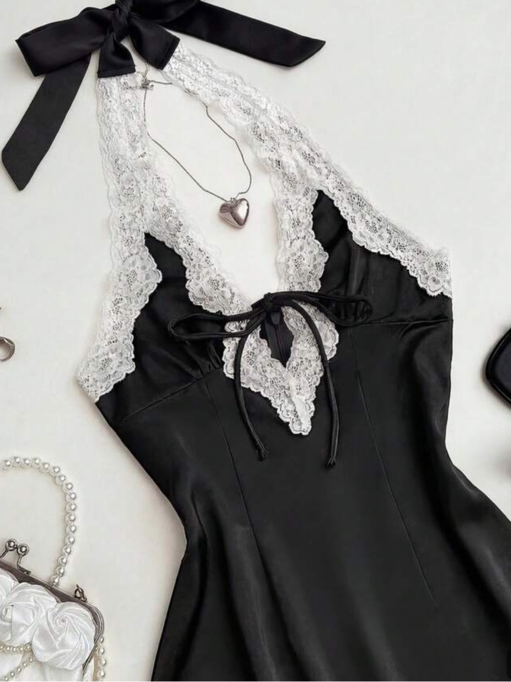 Paris Hilton Black Satin Halter Chemise with White Lace Trim